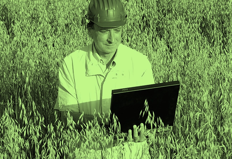 Moody greeb environmental site assessment block man looking at reports on computer in hard hat employee